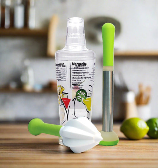 cocktail shaker, muddler, reamer set