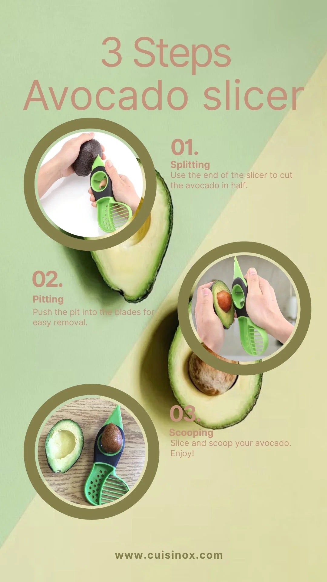 Cortadora de aguacate 3 en 1 Cuisinox, verde, cuchillo multifuncional