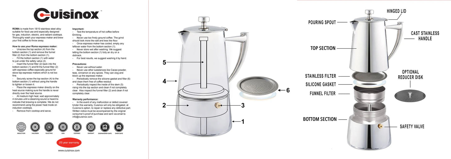 Cafetera espresso Moka de acero inoxidable Cuisinox Roma