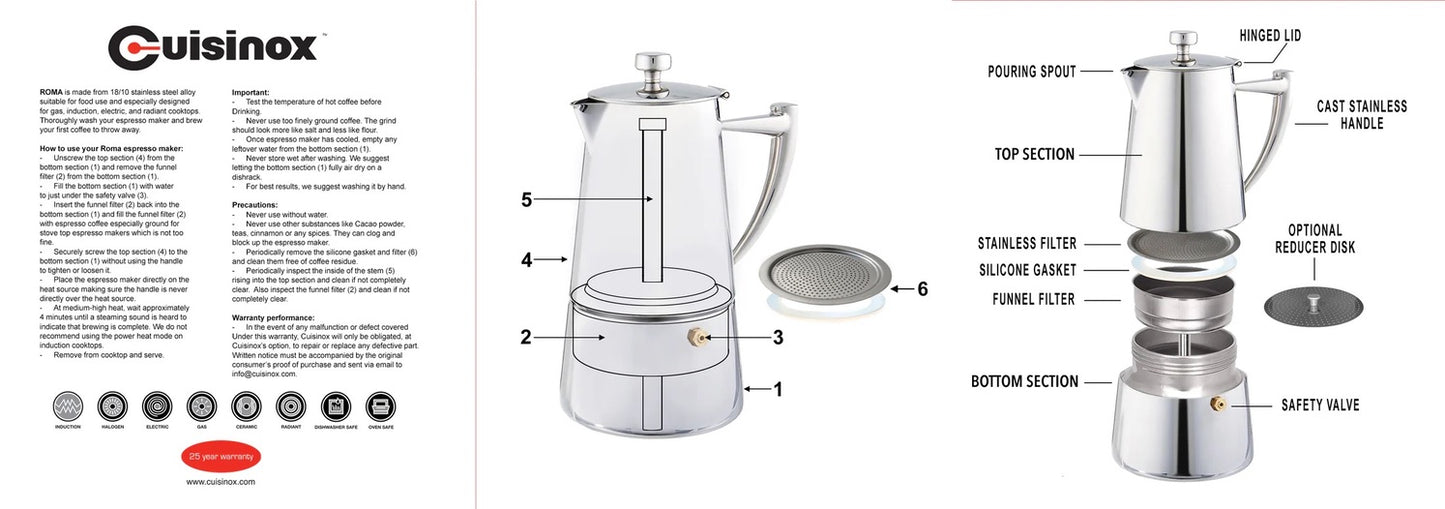 Cuisinox Roma Satin Stainless Steel Stovetop Moka Espresso Maker